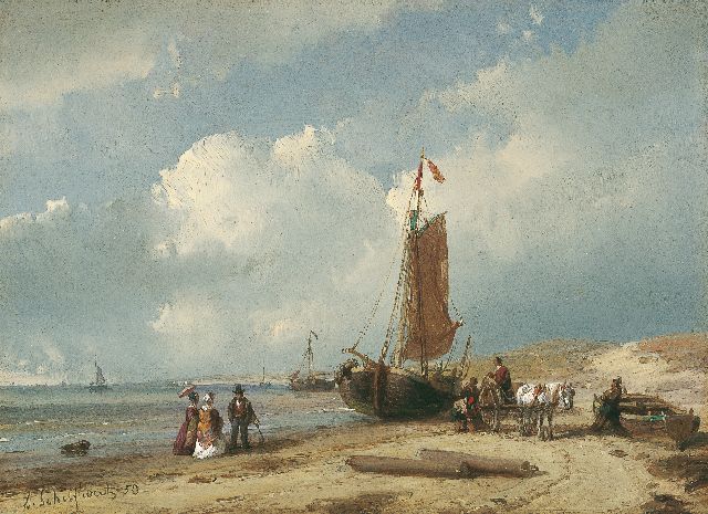 Andreas Schelfhout | Elegant gezelschap en vissers bij bomschuit op het strand, olieverf op paneel, 13,5 x 18,6 cm, gesigneerd l.o. en gedateerd '53