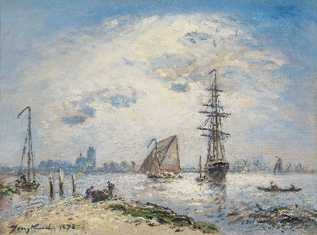 Johan Barthold Jongkind | Schepen op de Oude Maas bij Dordrecht, olieverf op doek, 24,5 x 32,3 cm, gesigneerd l.o. en gedateerd 1878
