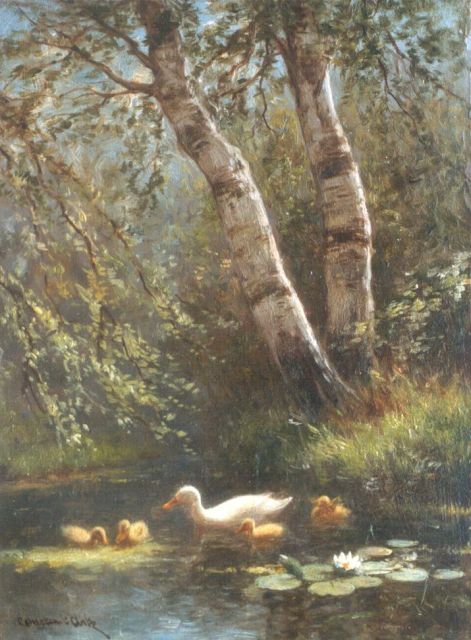 Constant Artz | Eenden op het water, olieverf op paneel, 24,1 x 17,8 cm, gesigneerd l.o.