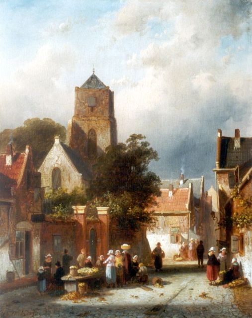 Charles Leickert | Straatje met figuren bij een marktstalletje, olieverf op paneel, 31,5 x 24,9 cm, gesigneerd l.o.
