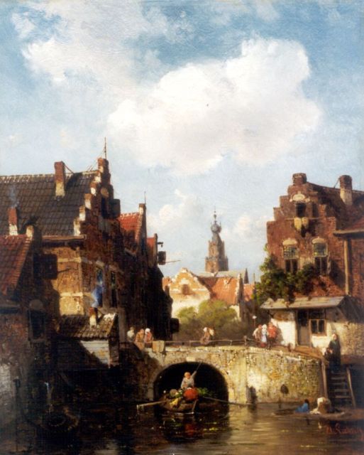 Charles Leickert | Stadsgezicht met een groentenschuit op een gracht, olieverf op paneel, 28,0 x 21,7 cm, gesigneerd r.o.