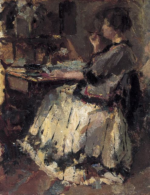 Albert Roelofs | De schrijftafel, olieverf op schildersboard, 17,8 x 13,9 cm, te dateren 1914