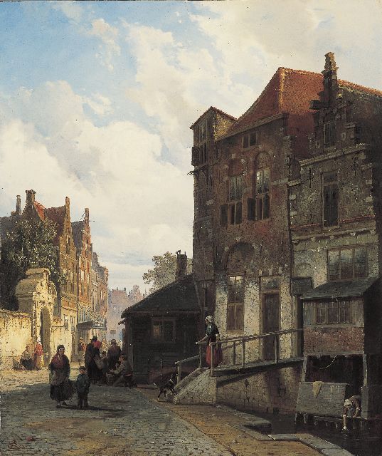 Cornelis Springer | Bedrijvigheid in een Hollands stadje, olieverf op paneel, 41,1 x 34,5 cm, gesigneerd l.o. met monogram en gedateerd '51