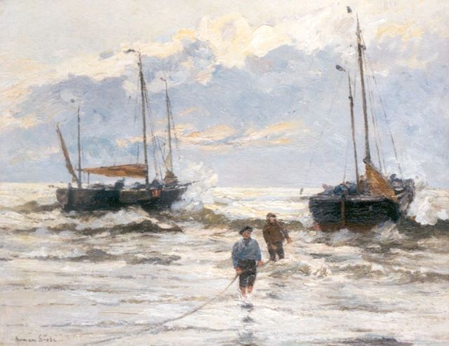 German Grobe | Bomschuiten in de golven, Katwijk, olieverf op paneel, 39,5 x 50,0 cm, gesigneerd l.o.
