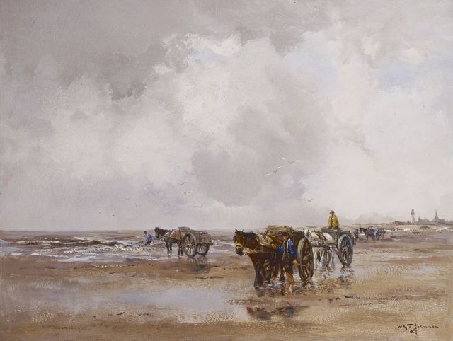 Willem George Frederik Jansen | Schelpenvissers in de branding, olieverf op doek, 49,3 x 64,5 cm, gesigneerd r.o.