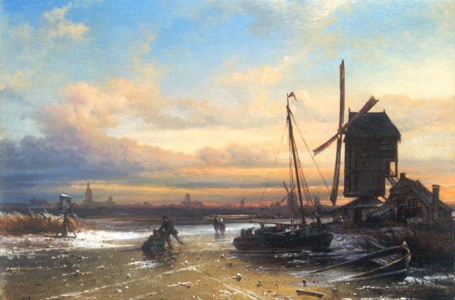 Elias Pieter van Bommel | Korenmolen bij Zutphen in de winter, olieverf op doek, 32,7 x 47,0 cm, gesigneerd l.o. en gedateerd 1879