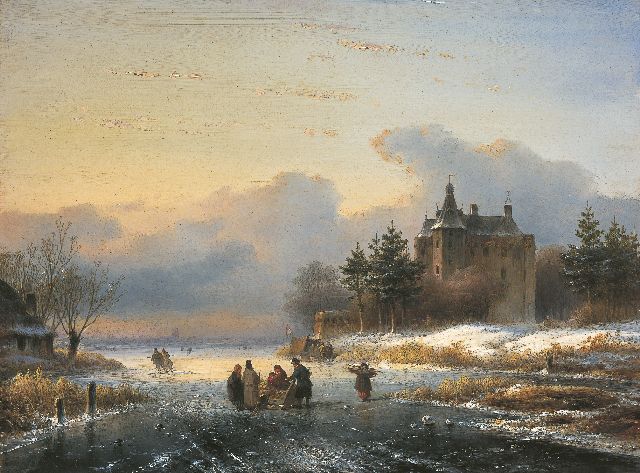 Lodewijk Johannes Kleijn | IJsgezicht met figuren en koek-en-zopie, olieverf op paneel, 35,0 x 47,0 cm
