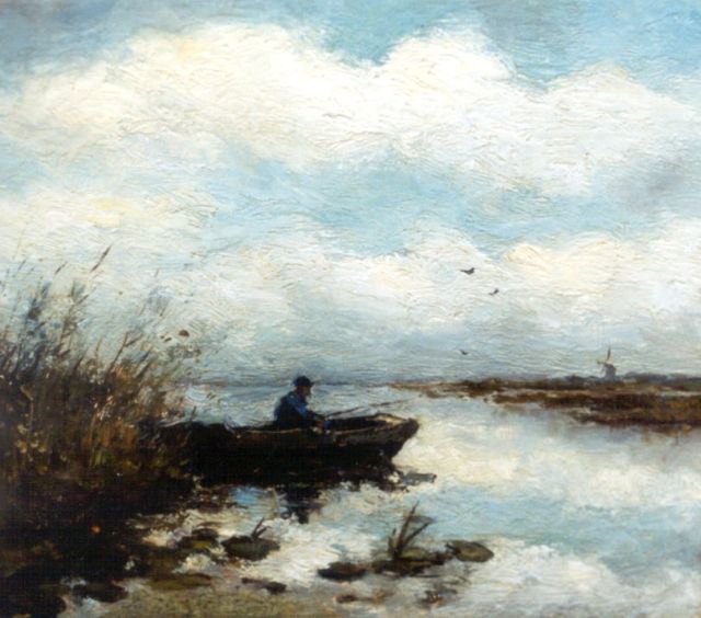 Jan Hendrik Weissenbruch | Poldervaart met visser in een rietkraag, olieverf op paneel, 16,2 x 18,2 cm, gesigneerd resten van signatuur l. v/h m.
