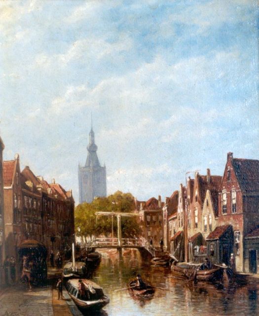 Petrus Gerardus Vertin | Gracht in Overschie met afgemeerde trekschuiten bij een ophaalbrug, olieverf op paneel, 30,0 x 24,5 cm, gesigneerd l.o. en gedateerd '88