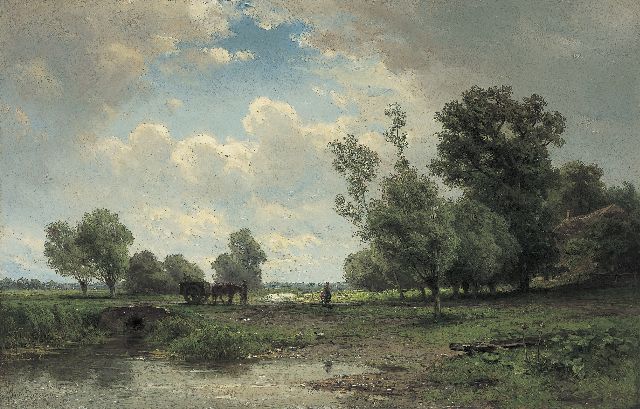 Jan Willem van Borselen | Weidelandschap met boeren en paard en wagen, olieverf op doek, 46,2 x 70,9 cm, gesigneerd l.o.