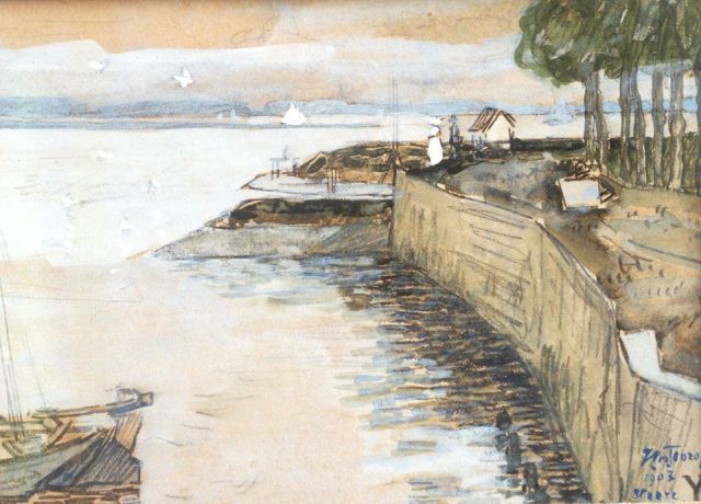 Jan Toorop | De kade van Veere, krijt en aquarel op papier, 10,5 x 14,5 cm, gesigneerd r.o. en gedateerd Veere 1903
