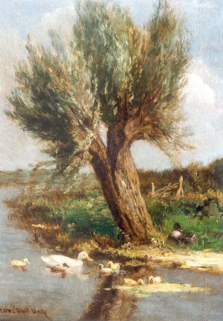 Constant Artz | Eendenfamilie bij de knotwilg, olieverf op paneel, 23,9 x 18,0 cm, gesigneerd l.o