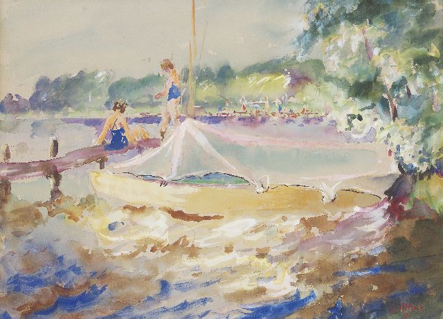 Jan Altink | Zwemmen in het Paterswoldsemeer, gouache op papier, 46,5 x 60,0 cm, gesigneerd r.o. en gedateerd '51