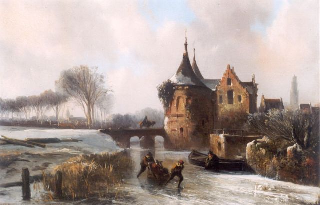 Abraham van der Wayen Pieterszen | Schaatsplezier in een winterlandschap, olieverf op paneel, 23,7 x 33,8 cm