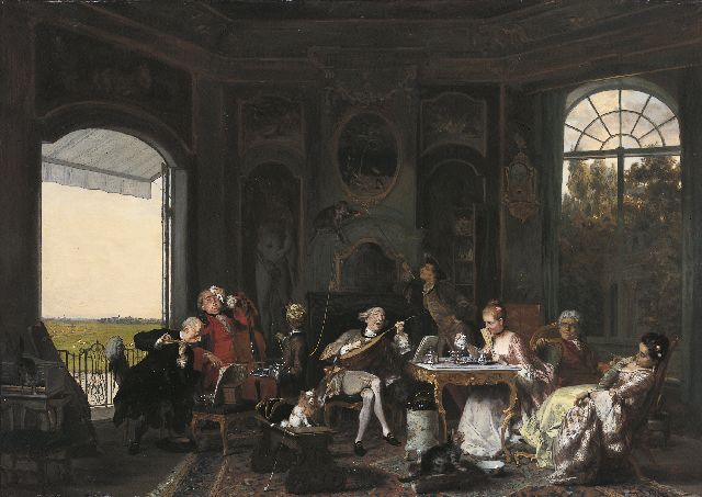 David Bles | Muziekliefhebberij op een warme dag op de buitenplaats Batavia, olieverf op paneel, 52,5 x 73,2 cm, gesigneerd r.o. en verso gedateerd september 1874