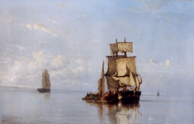 Schütz J.F.  | Drie schepen op kalme zee, olieverf op doek 70,2 x 104,9 cm, gesigneerd l.o. en gedateerd '77
