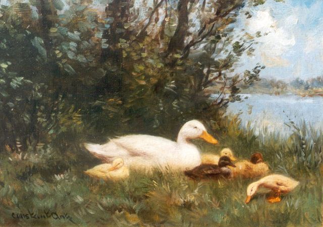 Constant Artz | Moedereend met vijf jongen, olieverf op paneel, 12,8 x 17,9 cm, gesigneerd l.o.