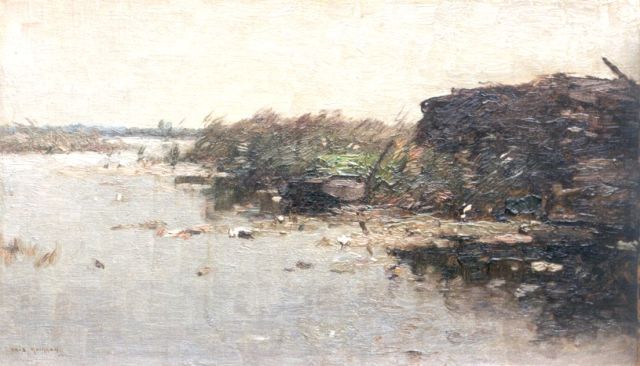 Aris Knikker | Rivierlandschap met roeiboot, olieverf op doek op board, 23,6 x 39,8 cm, gesigneerd l.o.