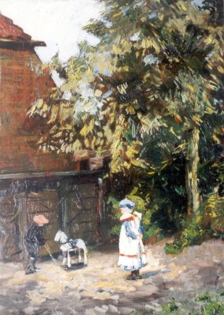 Piet van den Bergh | Spelende kinderen in een tuin, olieverf op paneel, 42,1 x 30,7 cm, gesigneerd l.o.