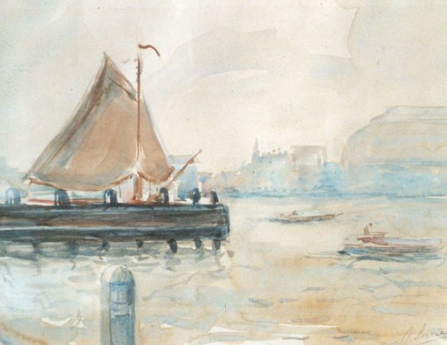 Coba Surie | Gezicht op het IJ bij Amsterdam met op de achtergrond het Centraal Station, aquarel op papier, 26,1 x 32,0 cm, gesigneerd r.o.