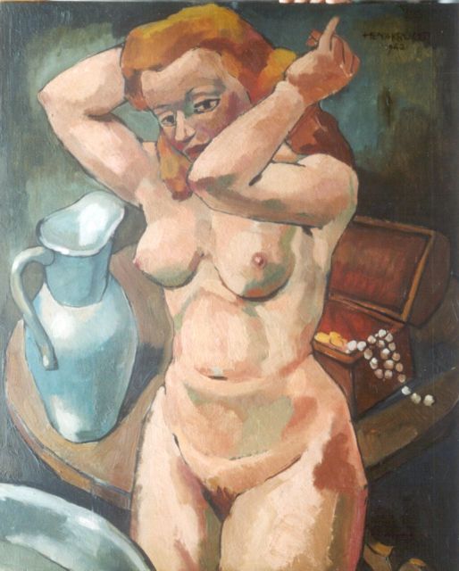 Henk Krijger | Vrouwelijk naakt, olieverf op paneel, 64,5 x 54,0 cm, gesigneerd r.b. en gedateerd 1942