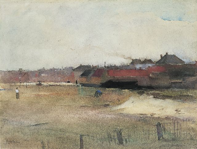 Floris Arntzenius | Gezicht vanaf het strand op een dorpje met bleekveld, aquarel op papier, 29,8 x 39,4 cm, gesigneerd l.o. en gedateerd '90/'95