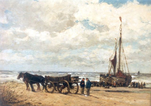 Wilhem Hambüchen | Strandscène met vissersvolk bij het uitladen van de vangst, olieverf op doek, 60,2 x 80,2 cm, gesigneerd l.o.