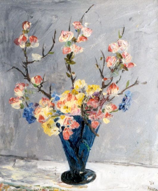 Harm Kamerlingh Onnes | Vaas met bloesemtakken, olieverf op board, 30,4 x 24,0 cm, gesigneerd r.o. met monogram en gedateerd '61