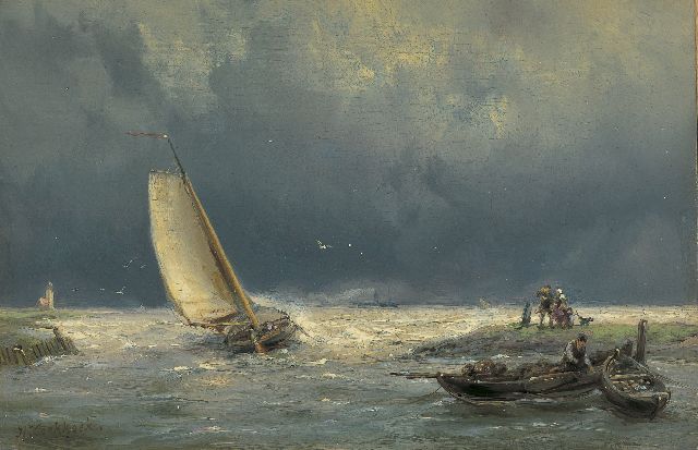 Hermanus Koekkoek | Uitvarende botter op woelige zee, olieverf op paneel, 13,8 x 21,0 cm, gesigneerd l.o.