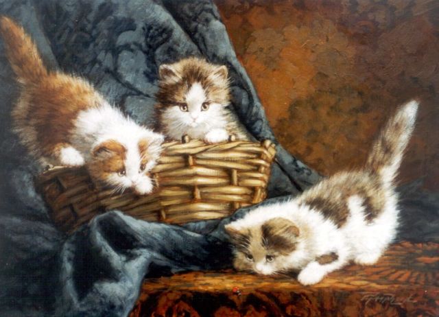 Cornelis Raaphorst | Drie poesjes spelend met een torretje, olieverf op doek, 30,2 x 40,4 cm, gesigneerd r.o.
