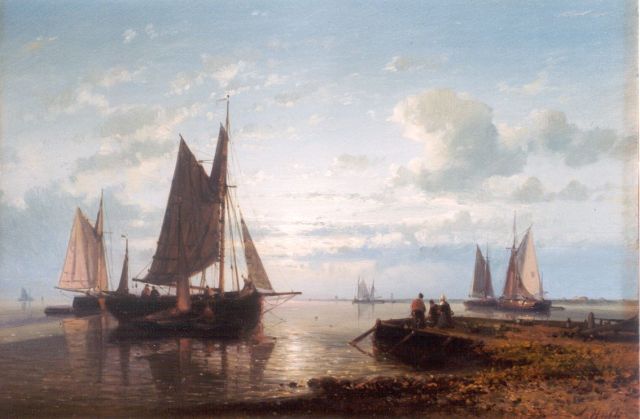 Abraham Hulk | Afgemeerde zeilschepen bij zonsondergang, olieverf op paneel, 17,6 x 25,5 cm, gesigneerd r.o.