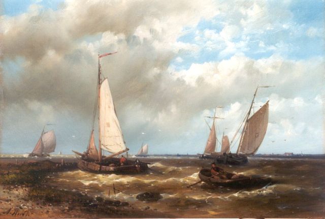 Abraham Hulk | Zeilschepen op woelige zee, olieverf op paneel, 17,5 x 25,5 cm, gesigneerd l.o.