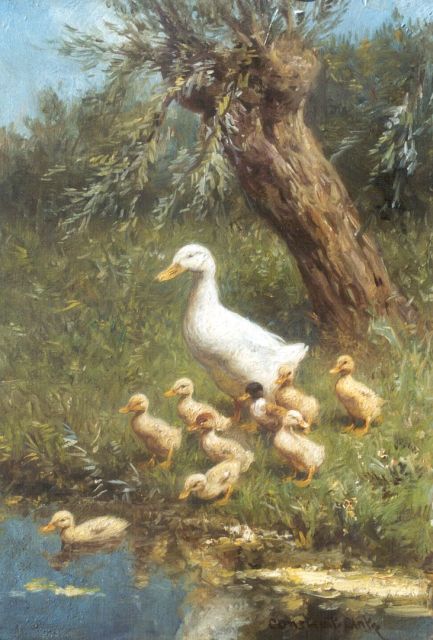 Constant Artz | Moedereend met jongen, olieverf op paneel, 23,9 x 17,9 cm, gesigneerd r.o. en verso op etiket