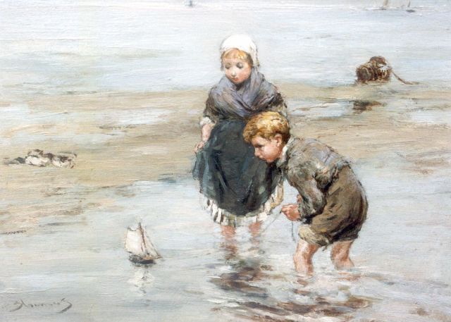 Bernard Blommers | Spelevaren aan het strand, olieverf op paneel, 19,5 x 26,9 cm, gesigneerd l.o.