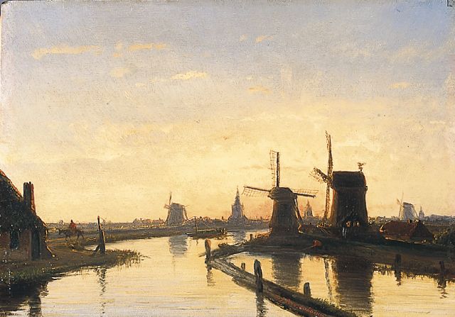 Nicolaas Roosenboom | Molens langs een vaart bij Overschie, olieverf op paneel, 21,5 x 30,8 cm, gesigneerd r. v/h m.
