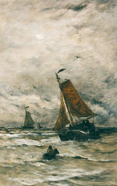Hendrik Willem Mesdag | Lijnhaalder en vissersboten in de branding, olieverf op doek, 78,0 x 48,2 cm
