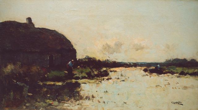 Aris Knikker | Boerderij aan het water, olieverf op doek, 25,4 x 45,4 cm, gesigneerd gesigneerd met pseudoniem 'W. Markestein' r.o.