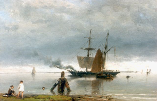 Hermanus Koekkoek | Schoenerbrik op kalm water met kinderen etc., olieverf op paneel, 17,1 x 25,7 cm, gesigneerd l.o.