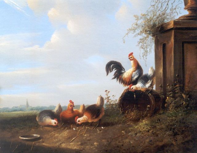 Verhoesen A.  | Kippen en een haan bij een broedkorf, olieverf op paneel 19,6 x 23,9 cm, gesigneerd r.o.