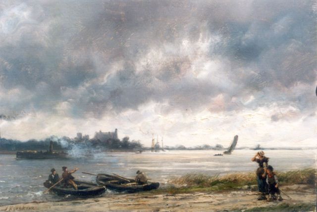 Hermanus Koekkoek | Een riviergezicht met roeiboten en een stoomboot, olieverf op paneel, 16,0 x 24,0 cm, gesigneerd l.o.