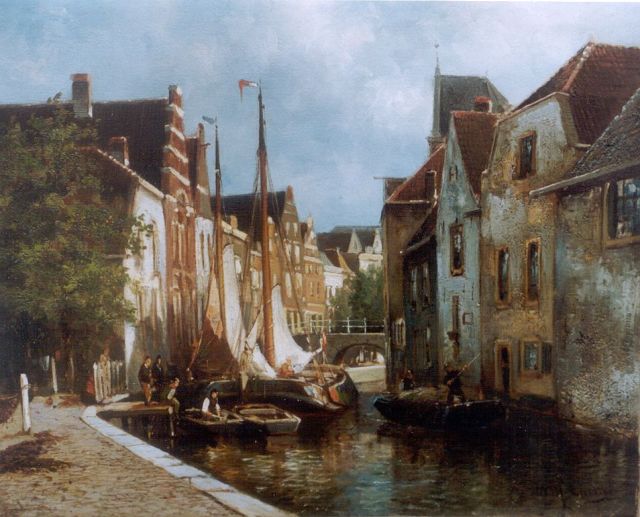 Willem Hendrik Eickelberg | Stadsgracht met afgemeerde vrachtschuiten, olieverf op doek, 31,4 x 36,1 cm, gesigneerd r.o.
