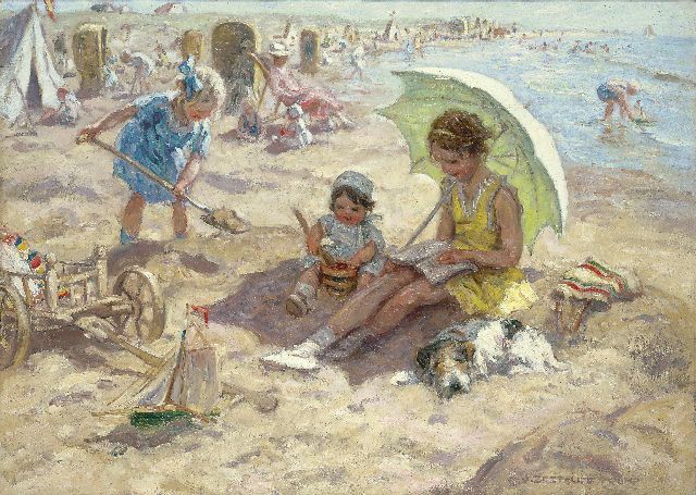 Jan Zoetelief Tromp | Spelende kinderen op het strand van Katwijk, olieverf op doek, 68,3 x 95,9 cm, gesigneerd r.o. en verso