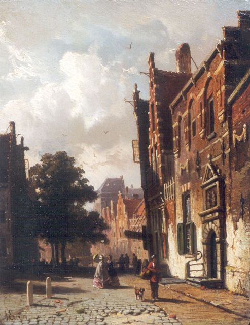 Adrianus Eversen | Zonnig straatje met figuren, olieverf op paneel, 19,0 x 15,0 cm, gesigneerd l.o. en met monogram r.o.