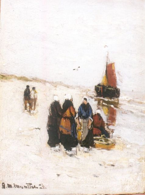 Morgenstjerne Munthe | Het verkopen van de vangst, olieverf op schildersboard, 19,9 x 14,9 cm, gesigneerd l.o. en gedateerd '24