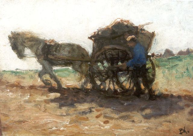 Bernard Blommers | Studie van een schelpenvisser op weg naar huis, olieverf op paneel, 18,9 x 26,4 cm, gesigneerd r.o. met initialen
