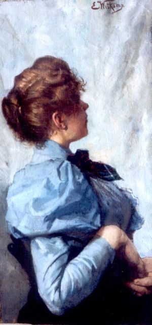 Ernst Witkamp | Jonge vrouw in blauwe blouse, olieverf op doek, 47,5 x 23,6 cm, gesigneerd r.b.