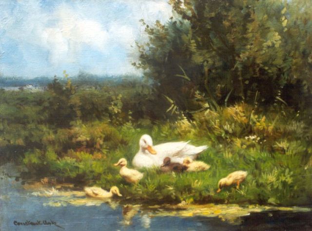 Constant Artz | Moedereend met kuikens langs het water, olieverf op paneel, 18,0 x 24,2 cm, gesigneerd l.o.