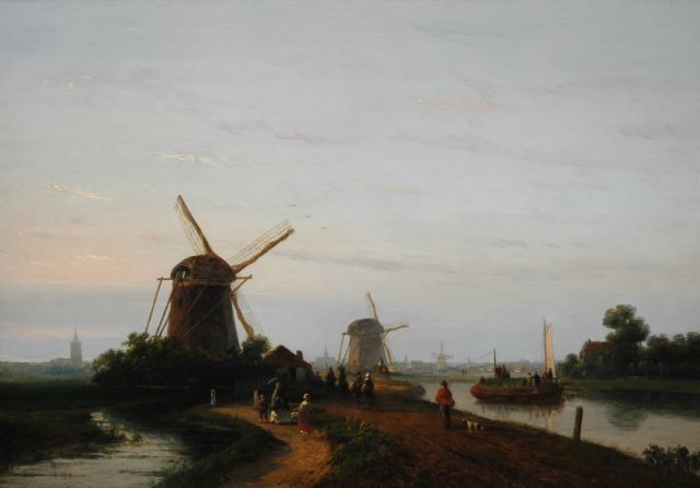 Joseph Bles | Figuren langs de Vliet bij Den Haag, olieverf op paneel, 36,5 x 52,4 cm