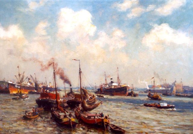 Evert Moll | De haven van Rotterdam bij het gebouw van de Holland-Amerika Lijn, olieverf op doek, 60,4 x 80,4 cm, gesigneerd l.o.