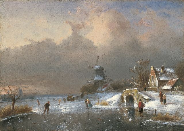 Charles Leickert | IJstafereel met schaatsers, olieverf op paneel, 23,7 x 33,1 cm, gesigneerd r.o.